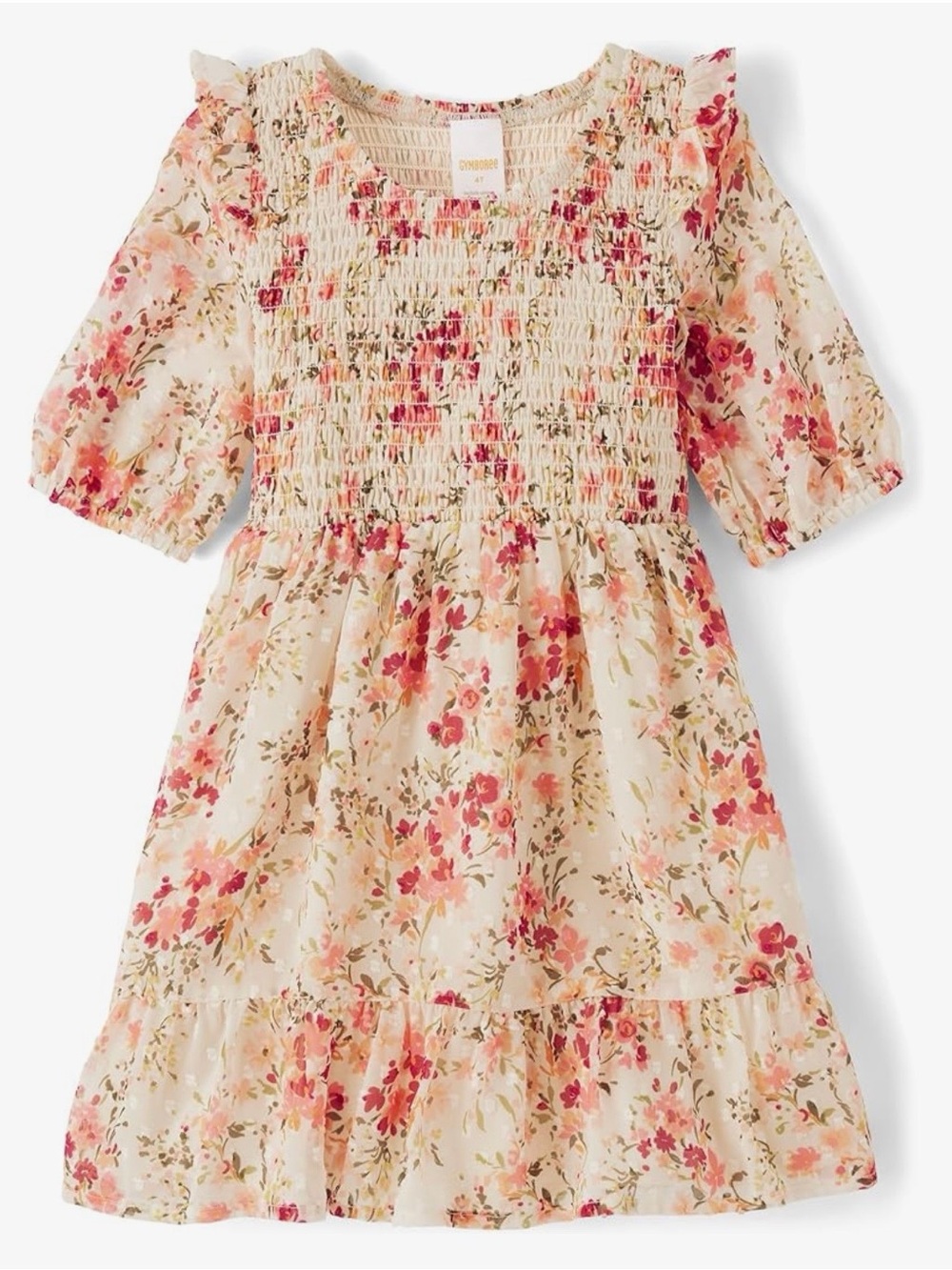 Toddler Girl Floral Smocked Dress - Cream with Pink Floral 18-24mo